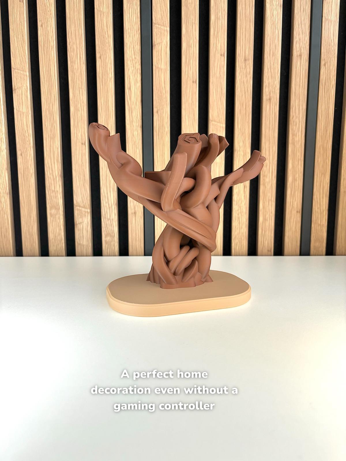 Wooden tree-shaped gaming controller stand for consoles, a stylish home decor piece.